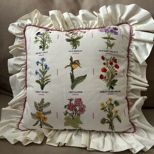 Floral Cross-Stitch Needlepoint Throw Pillow in Cream with Mauve Trim + Ruffles
